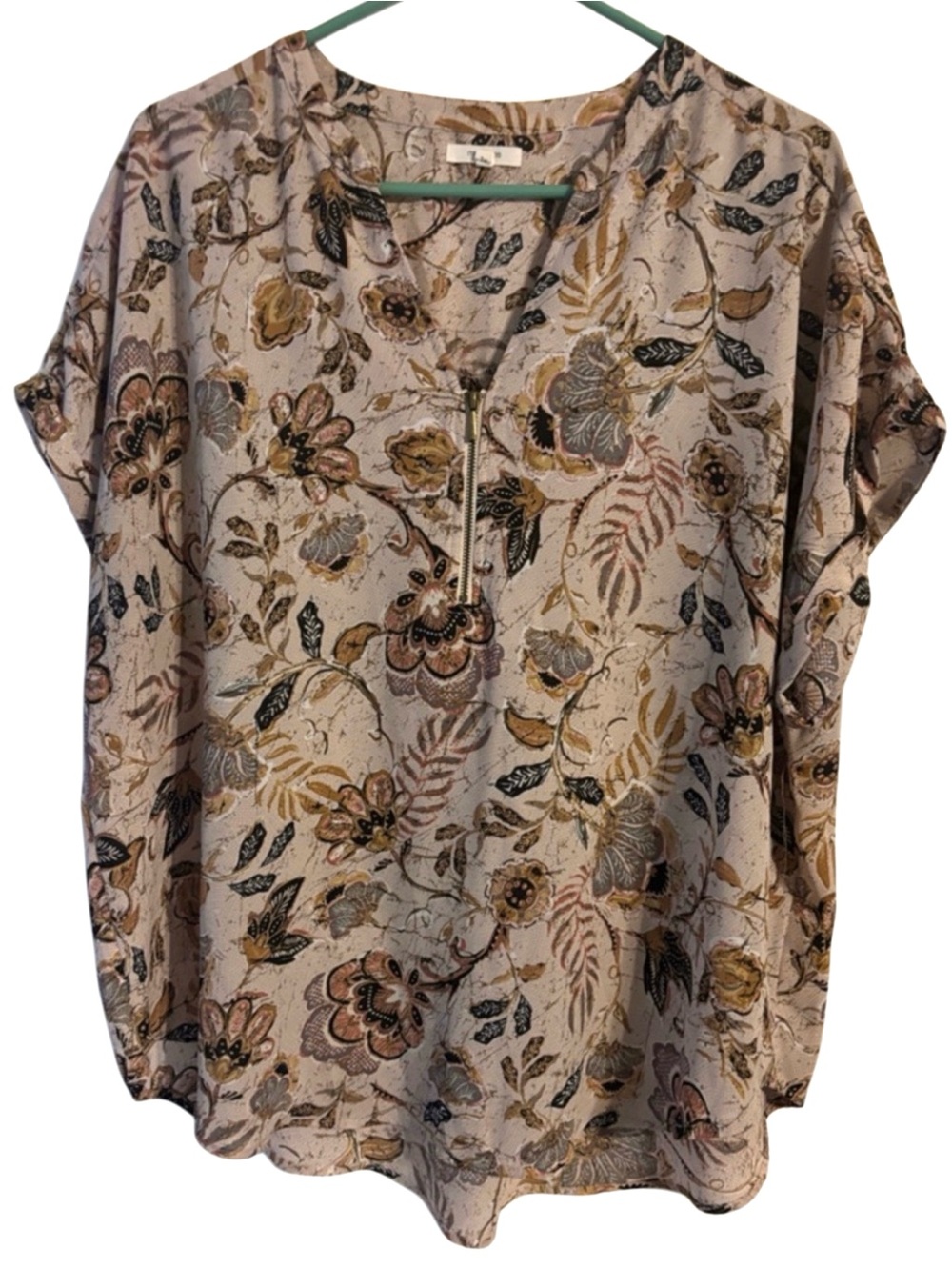 Maurices Floral Zip-Neck Blouse - Blush, Gold & Gray 2x